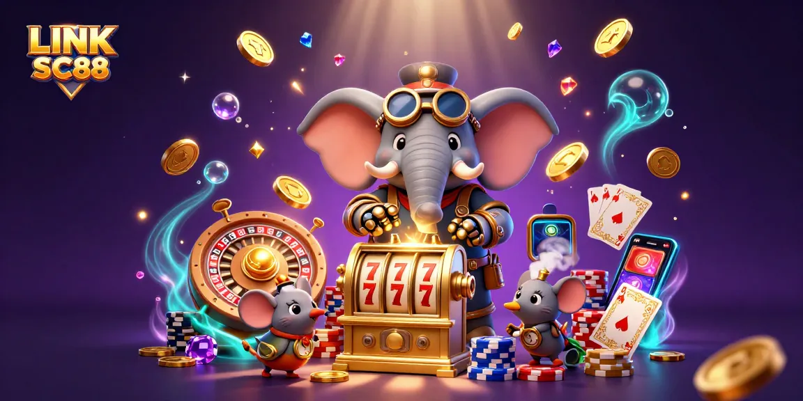 Engage with LINK SC88 and enjoy vibrant casino adventures with a playful steampunk elephant in this lively illustration.