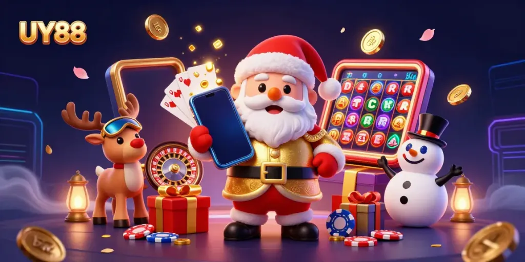 Engage with UY88's online casino excitement featuring Santa, a reindeer, and a snowman in a vibrant gambling scene.