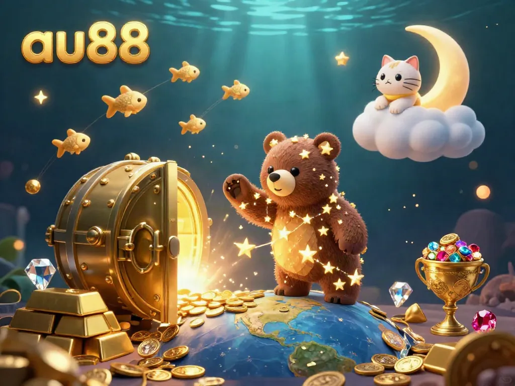 Play thrilling casino games with au88; a constellation bear and gem-filled treasures in illuminated vault.