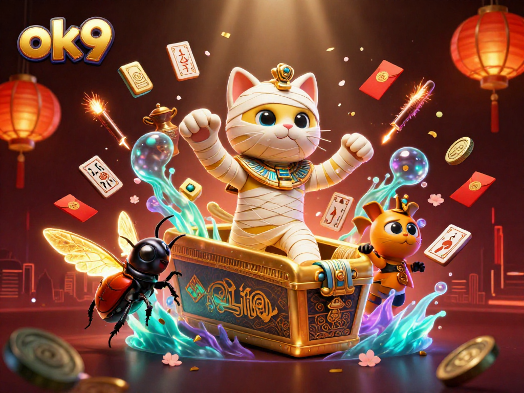 Experience thrilling gameplay with ok9 as the Egyptian mummy cat and golden scarab beetle bring fortune to life.