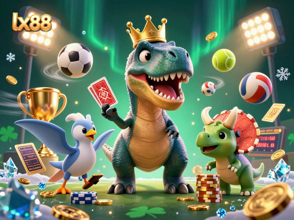 Engaging with lx88: A T-Rex shuffles cards while a pterodactyl assists, surrounded by sports elements.
