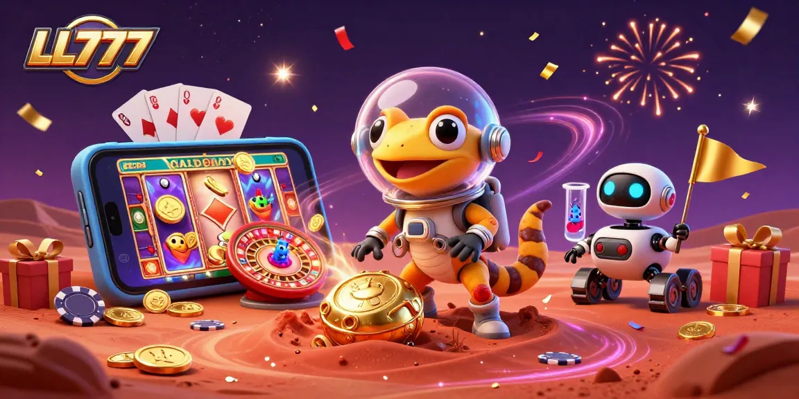 Experience LL777's exciting gaming adventure with a Martian gecko in a golden casino!