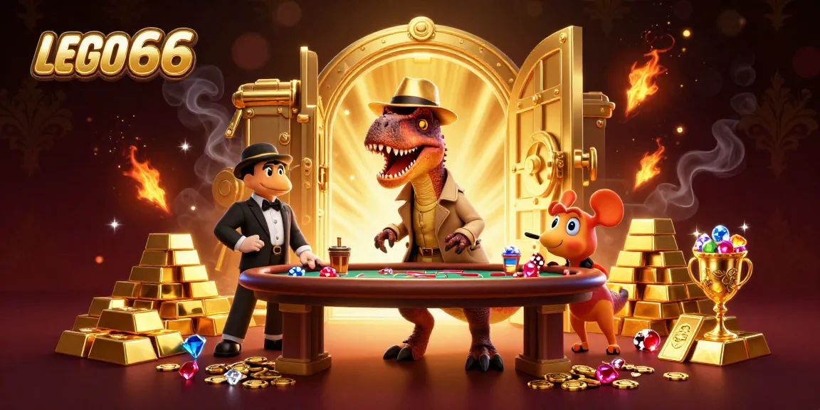 Lego66 showcases a cartoon velociraptor at a blackjack table, highlighting thrilling gambling action.