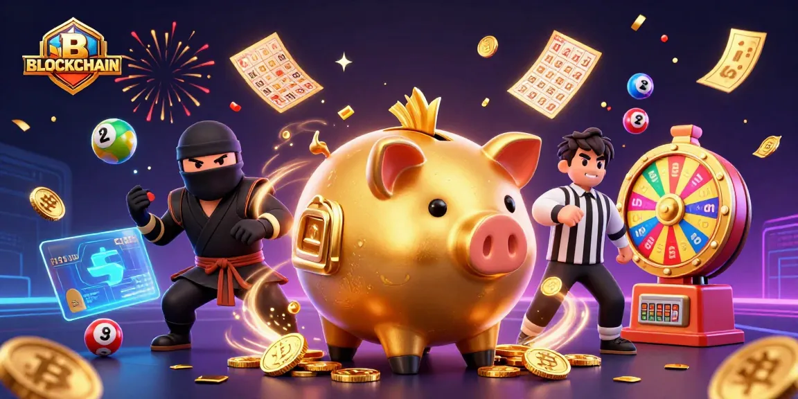 Engage with BLOCKCHAIN as a piggy bank sumo wrestler and ninja opponents vibrantly entertain in a casino-themed scene.