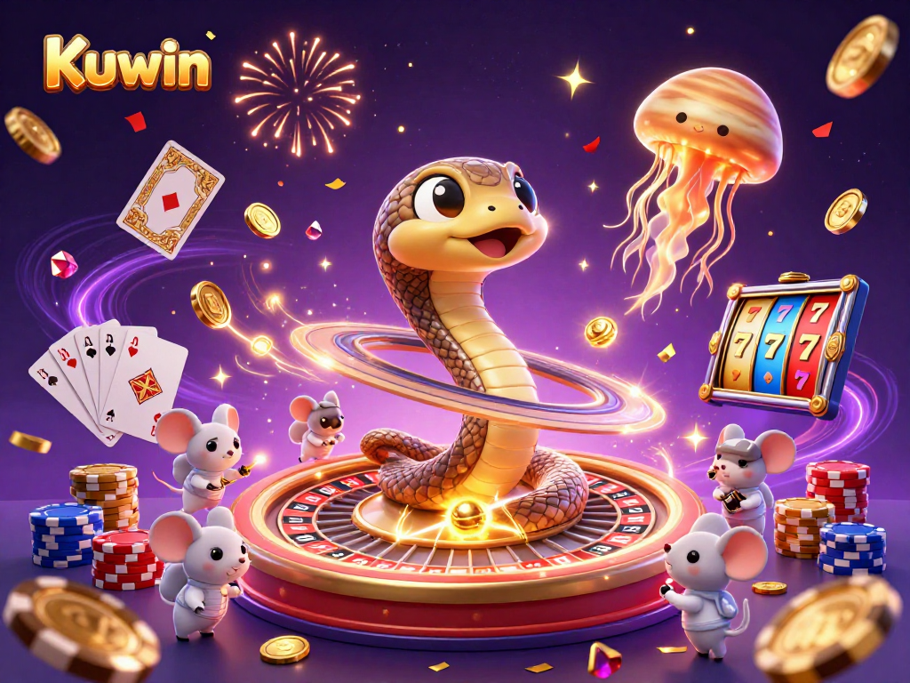 Kuwin casino scene with a Saturn snake roulette wheel and astronaut mice betting.