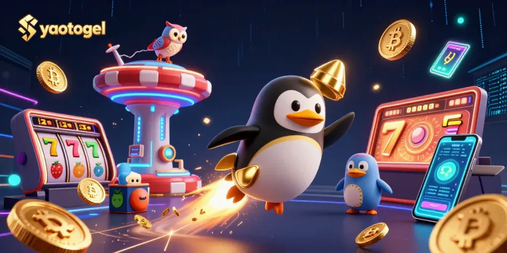 Experience yaotogel excitement with a golden penguin, coins, and vibrant casino elements