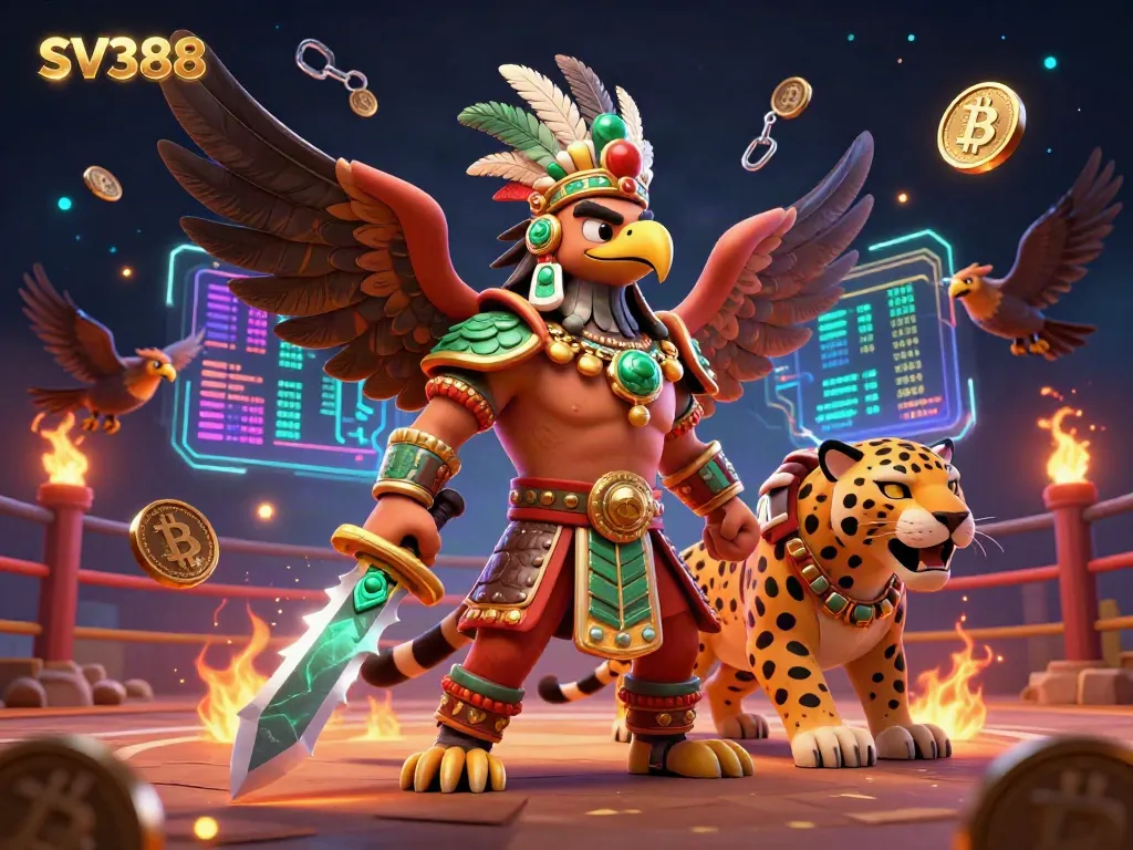 Engage in action-packed SV388 cockfighting scene with warriors and crypto elements.