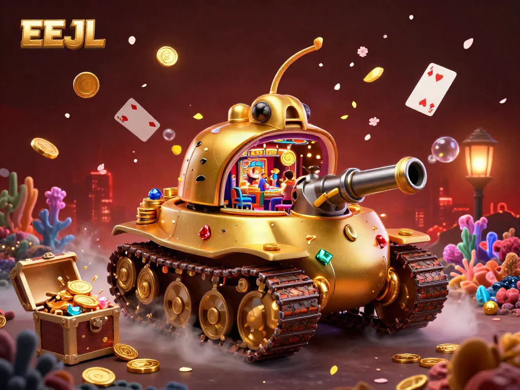 Experience vibrant gameplay and excitement at EEJL's miniature casino inside a golden tank bursting with rewards.