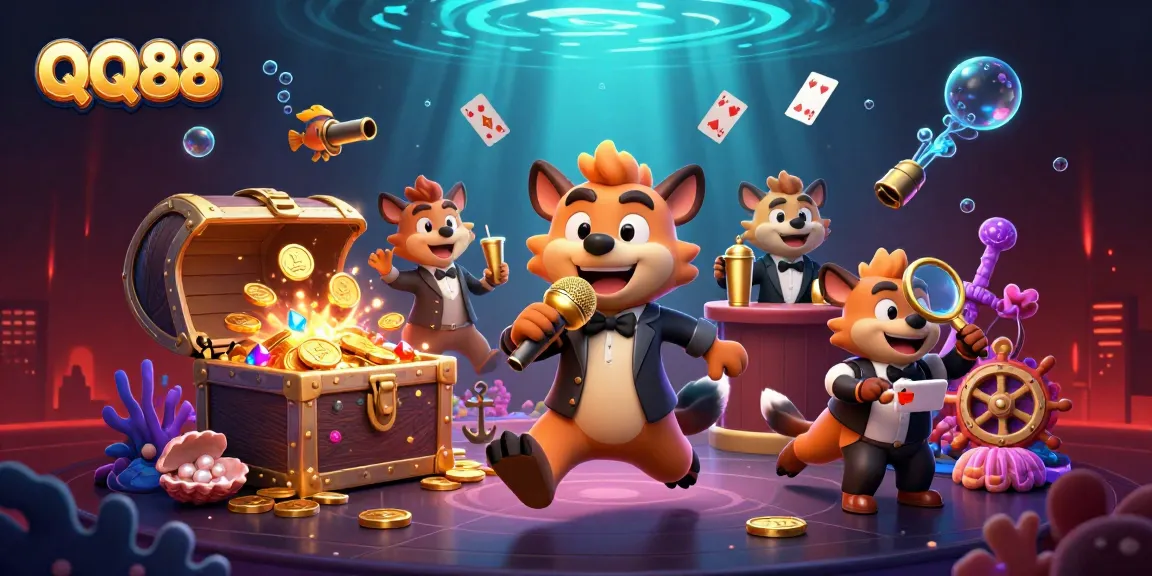 Immerse in the QQ88 comedic casino club atmosphere featuring energetic hyena characters.