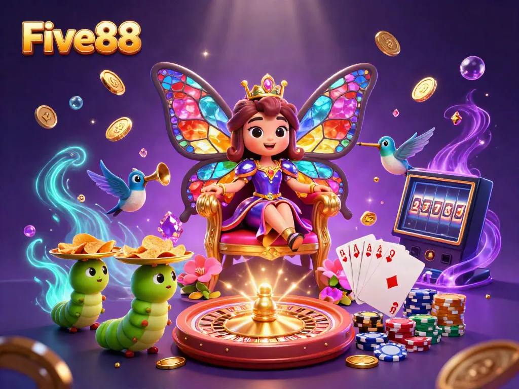 Join the excitement at Five88 with a vibrant illustration of casino elements and a whimsical butterfly queen.