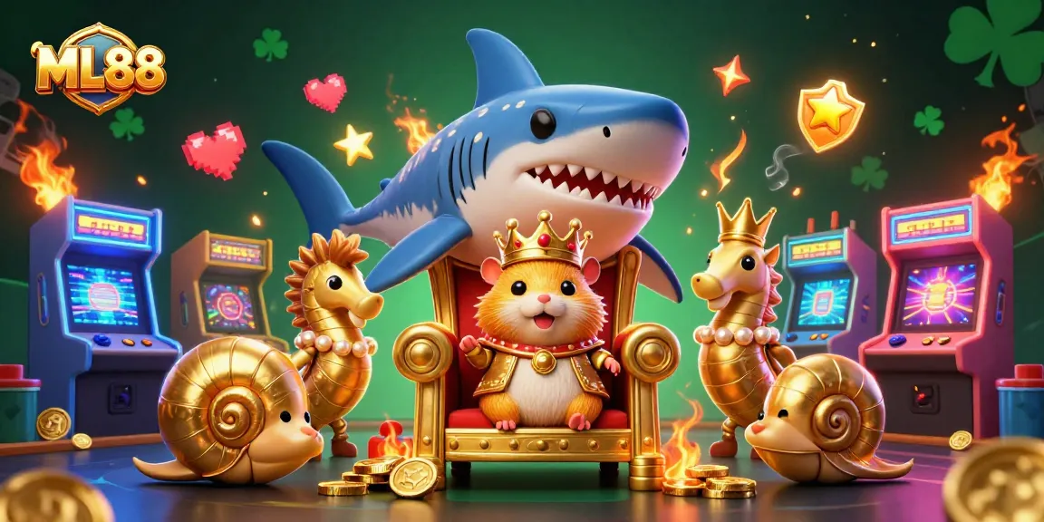 Experience thrilling gameplay with ML88, where a golden hamster king reigns as colorful gaming elements surround him.