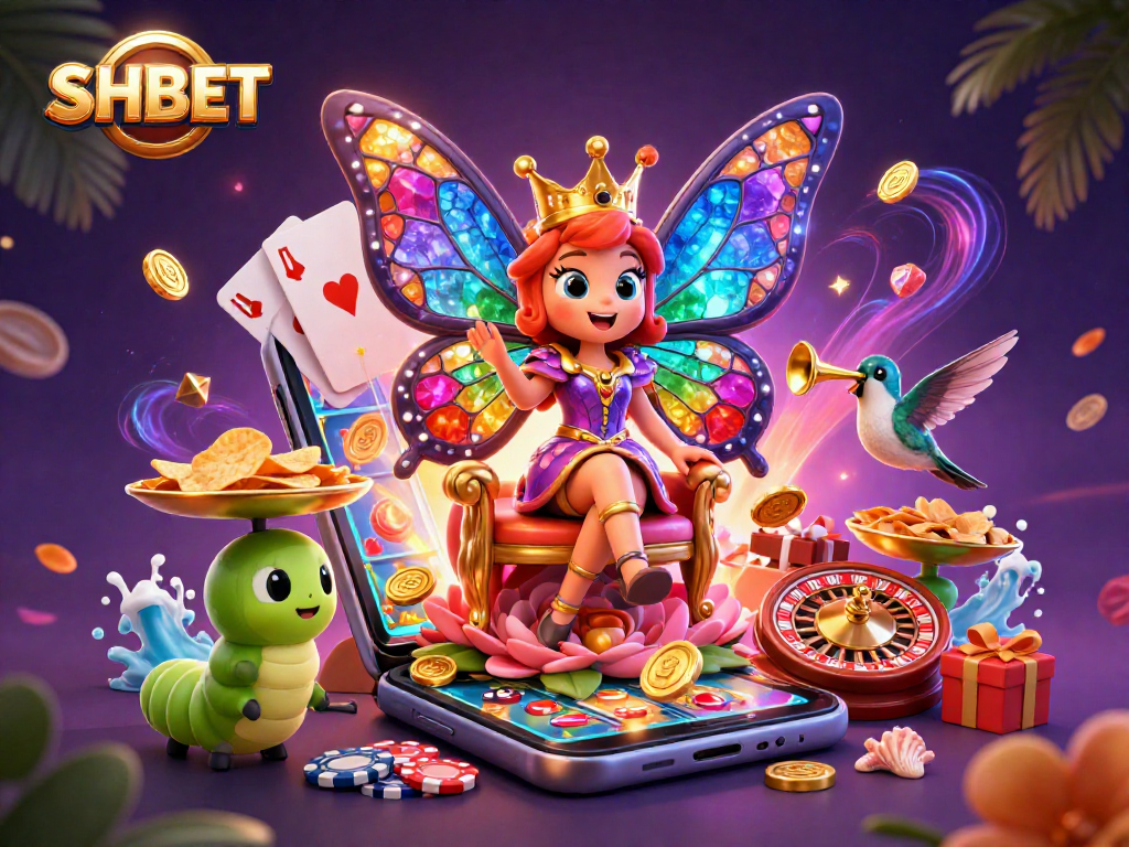 SHBET showcases a vibrant casino scene with a butterfly queen, slot games, and festive decor.
