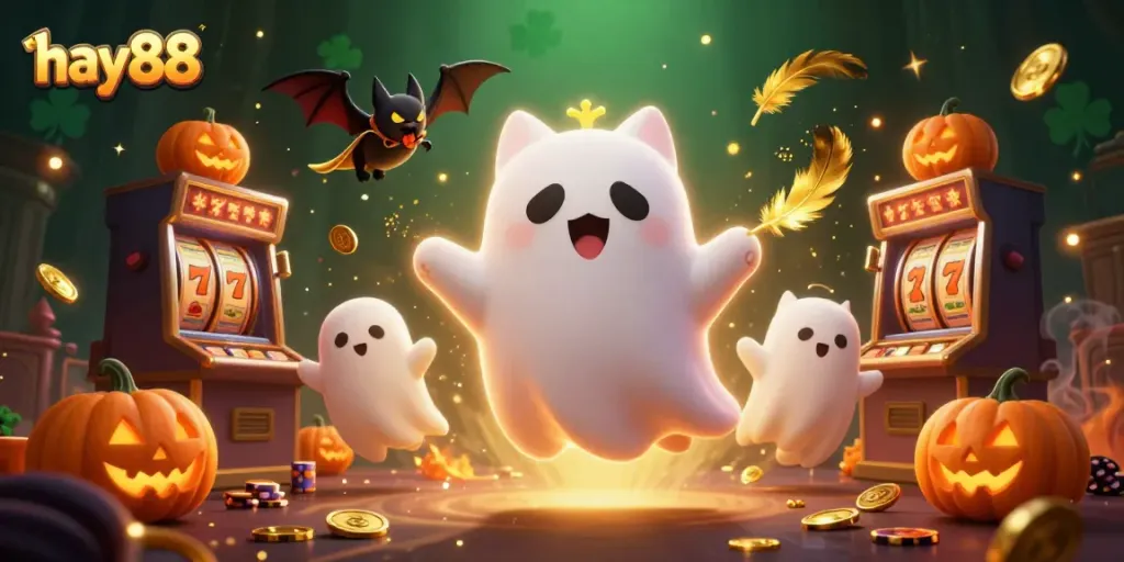 Engage with hay88's vibrant casino scene featuring a ghost cat and treasures of gambling.