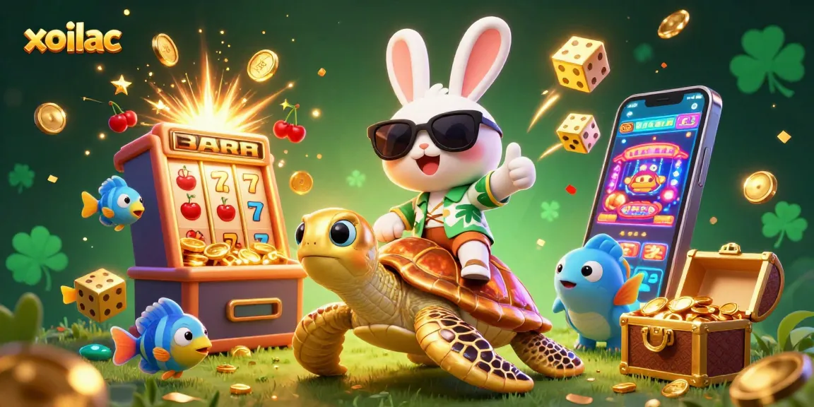 Experience the thrill of xoilac with 3D visuals of a lucky rabbit having fun in a tropical casino.