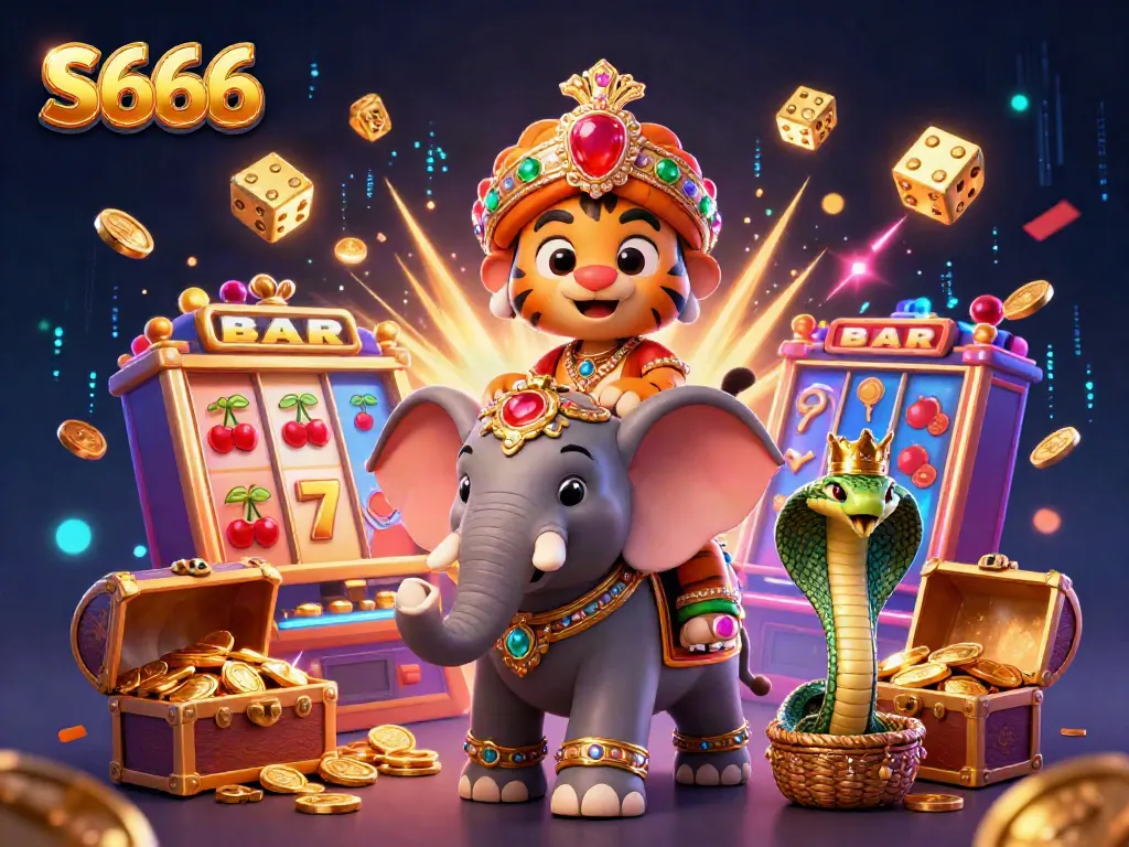 S666 highlights exciting casino adventures with a cartoon tiger, elephant, and cobra amid jackpot wins and vibrant game elements.