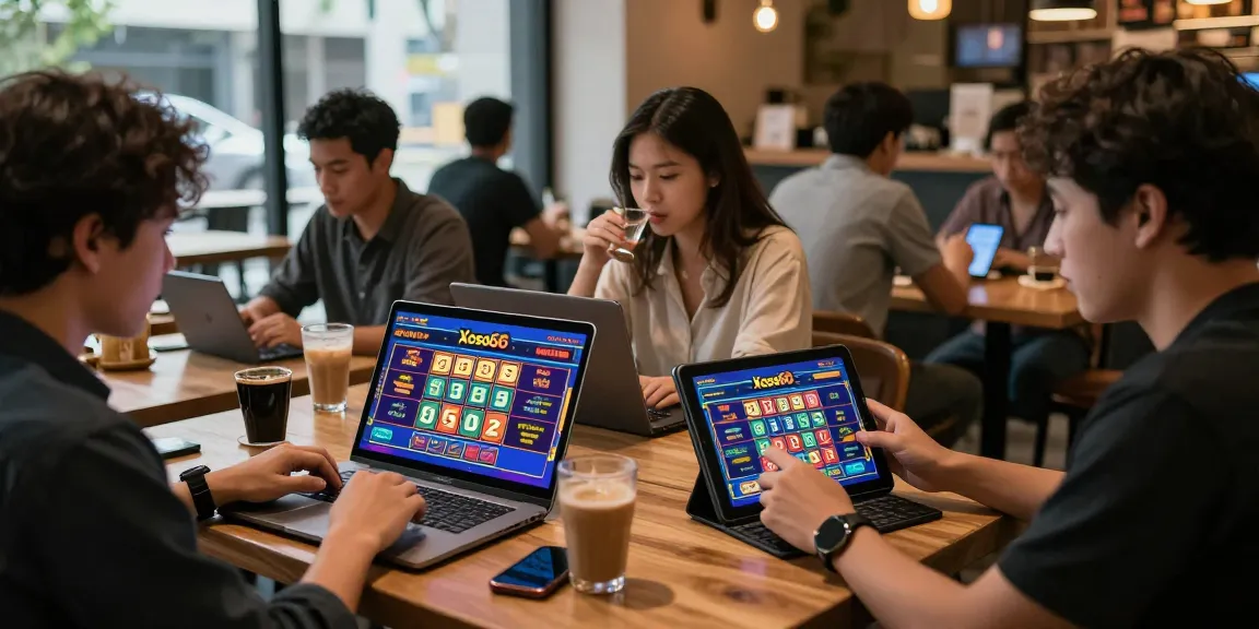 Xoso66 online gaming scene, diverse players engaging on devices in vibrant café atmosphere.