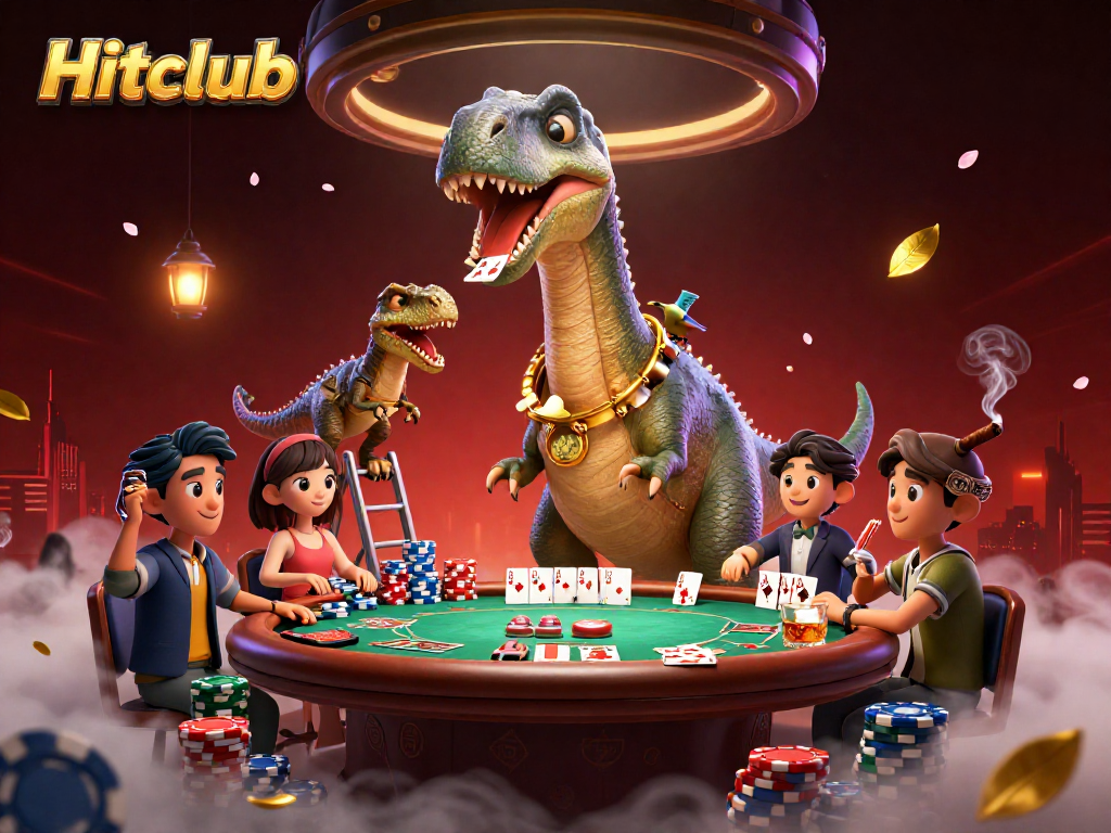Hitclub showcases an epic poker scene with a dinosaur dealer and vibrant casino elements.