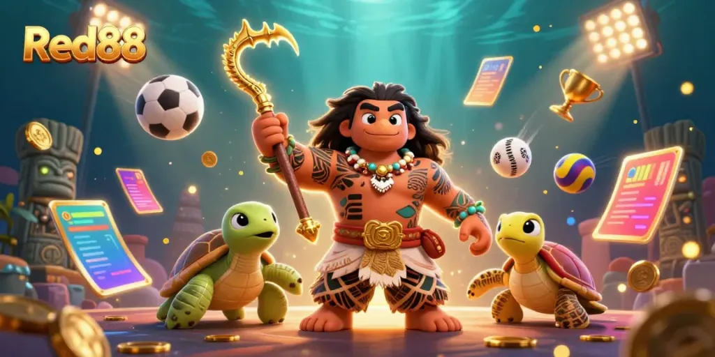 Experience the excitement of Red88 with a dynamic scene of gambling elements and characters.