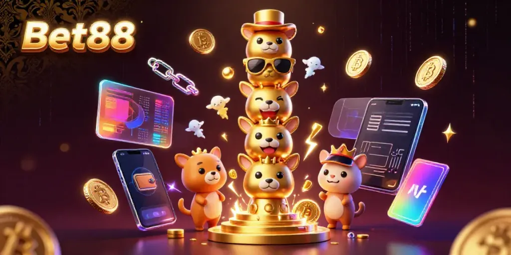 Bet88 showcases a vibrant 3D casino scene with golden totem and crypto elements, inviting players to engage.