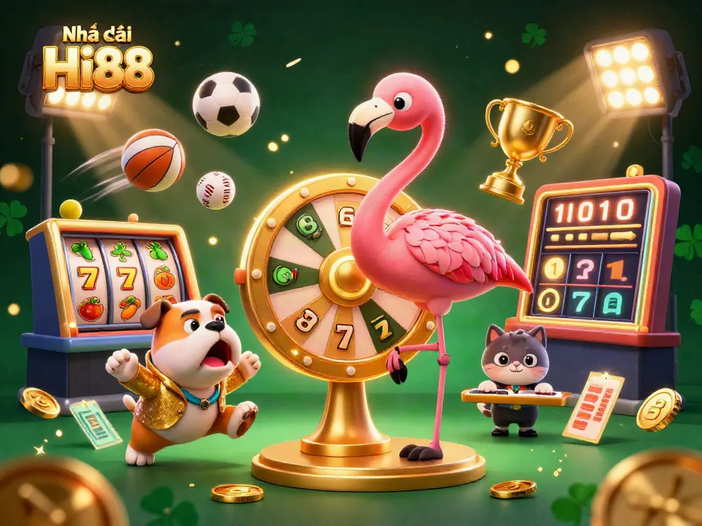 Engaging scene of Nhà cái Hi88, featuring a flamingo host, bulldog contestant, and cat assistant with casino elements.