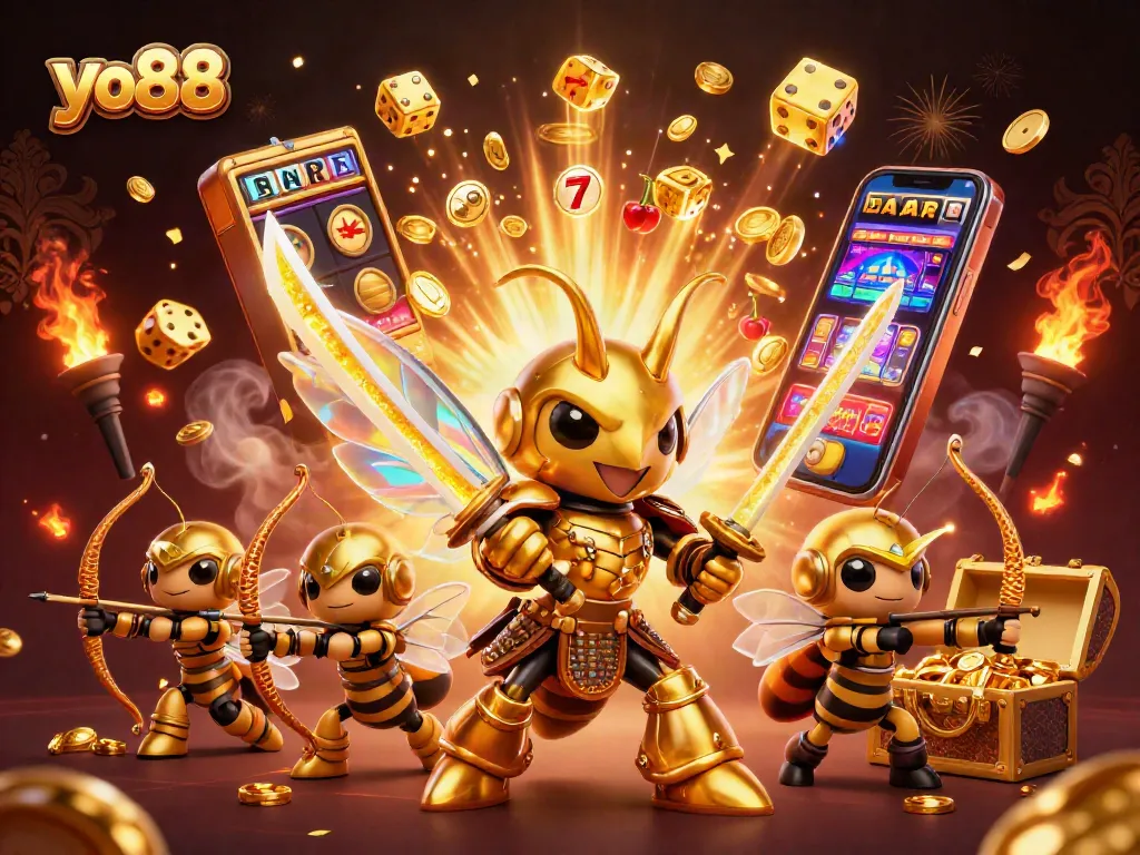 yo88 engages players with a vibrant casino scene featuring a heroic hornet and winning slot elements.