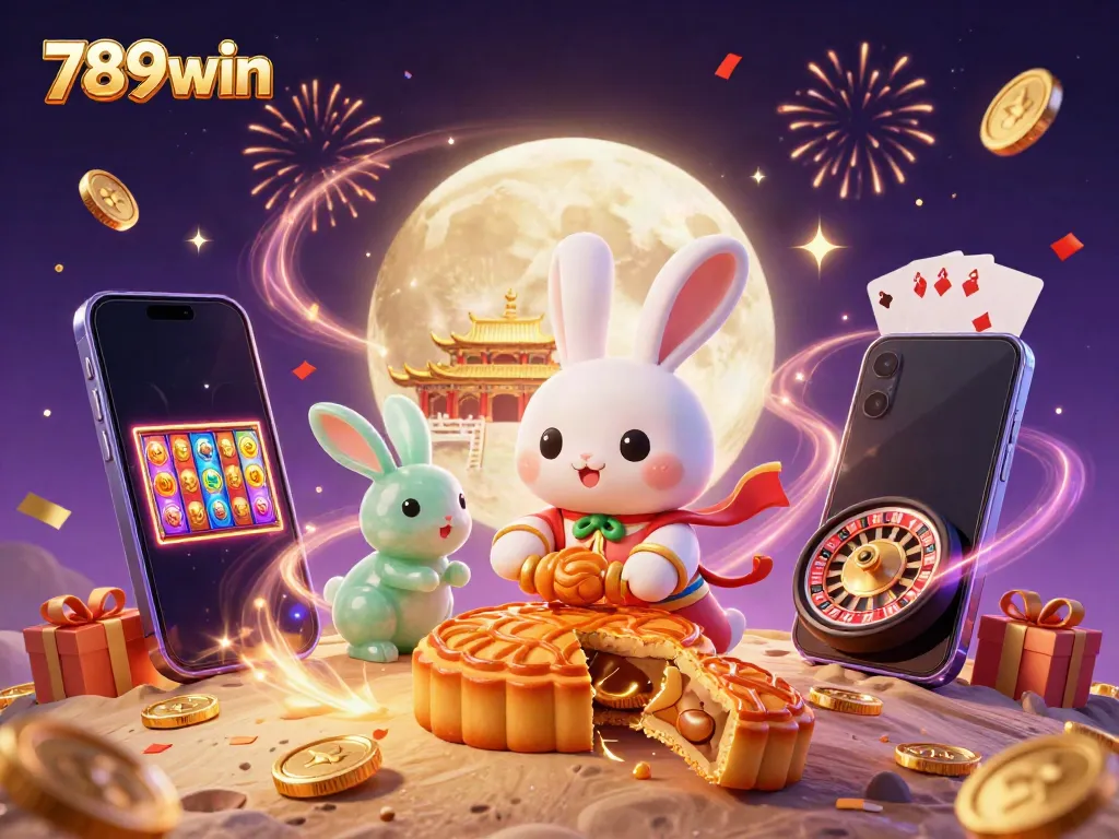 Experience the magic of gaming with 789win, featuring a moon rabbit and casino symbols.