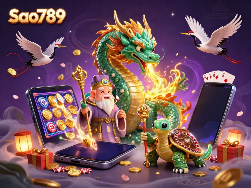 Experience thrilling gameplay with Sao789, featuring a jade dragon and vibrant casino elements.
