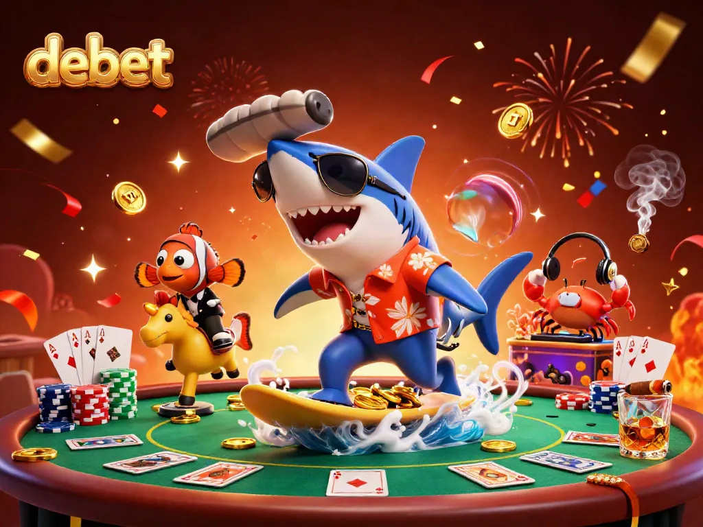 Experience the thrill of debet with a 3D shark surfing gold coins amidst casino excitement.
