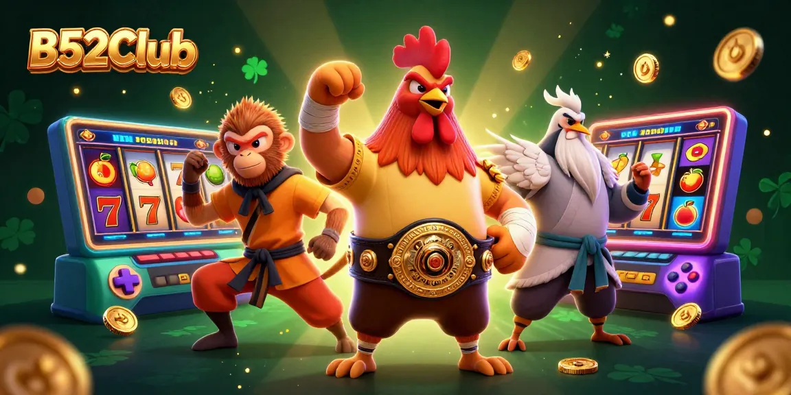 B52Club champions face off in a dynamic, colorful 3D casino illustration showcasing slot reels and jackpots.