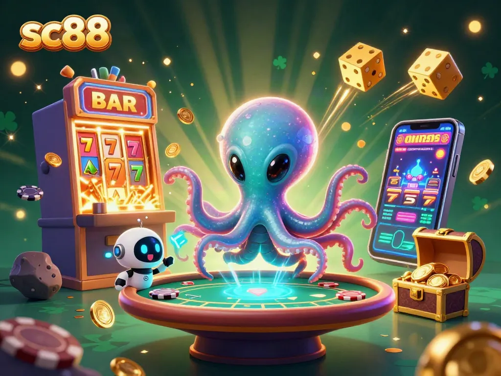 Engage in thrilling gameplay with sc88 as an alien octopus runs a holographic poker table.