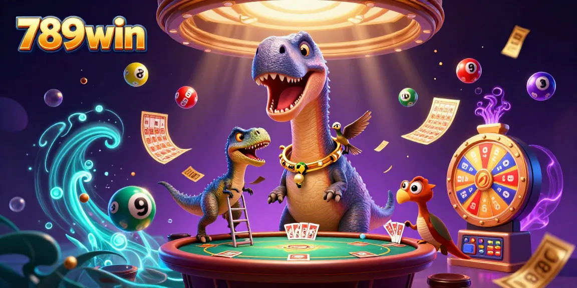 Experience thrilling gameplay with 789win as a giant dino peers over a festive casino scene.