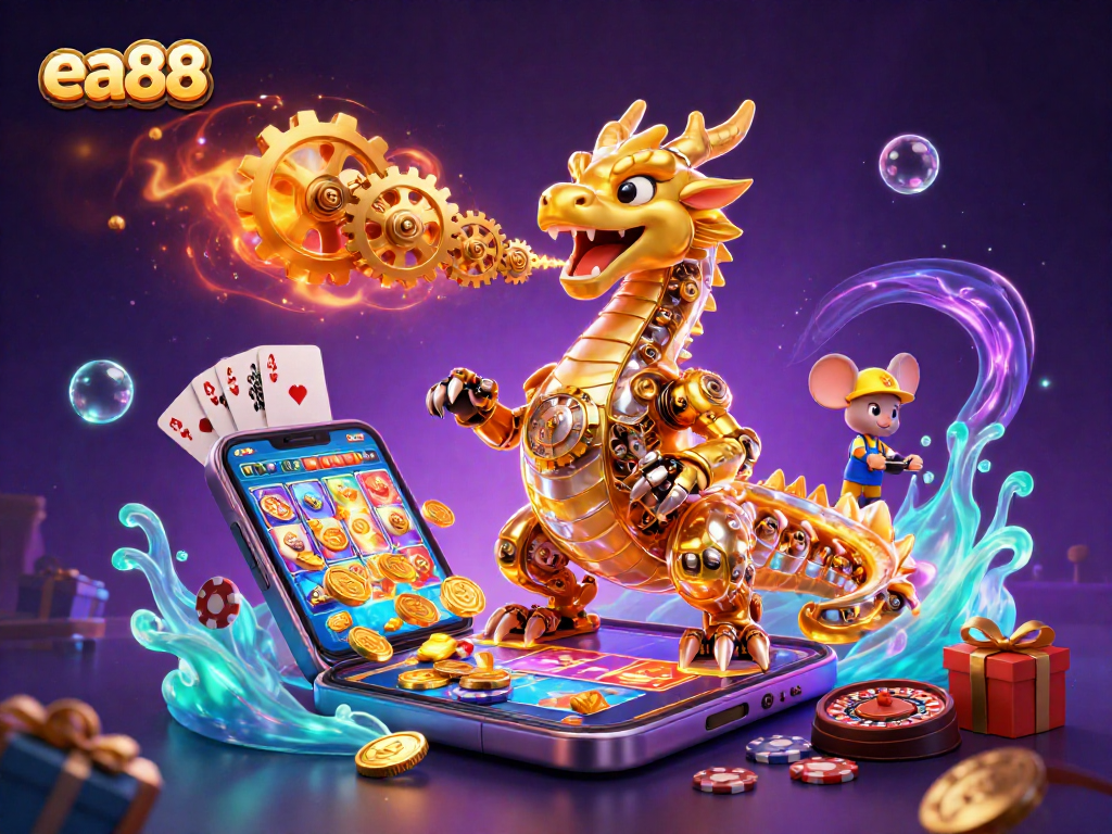 ea88 offers an exciting gaming experience with spinning reels and golden coins erupting from screens.