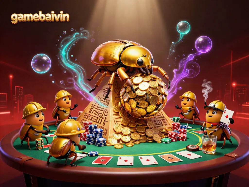 Engage with gamebaivin as a golden beetle rolls coins in this dynamic casino scene.