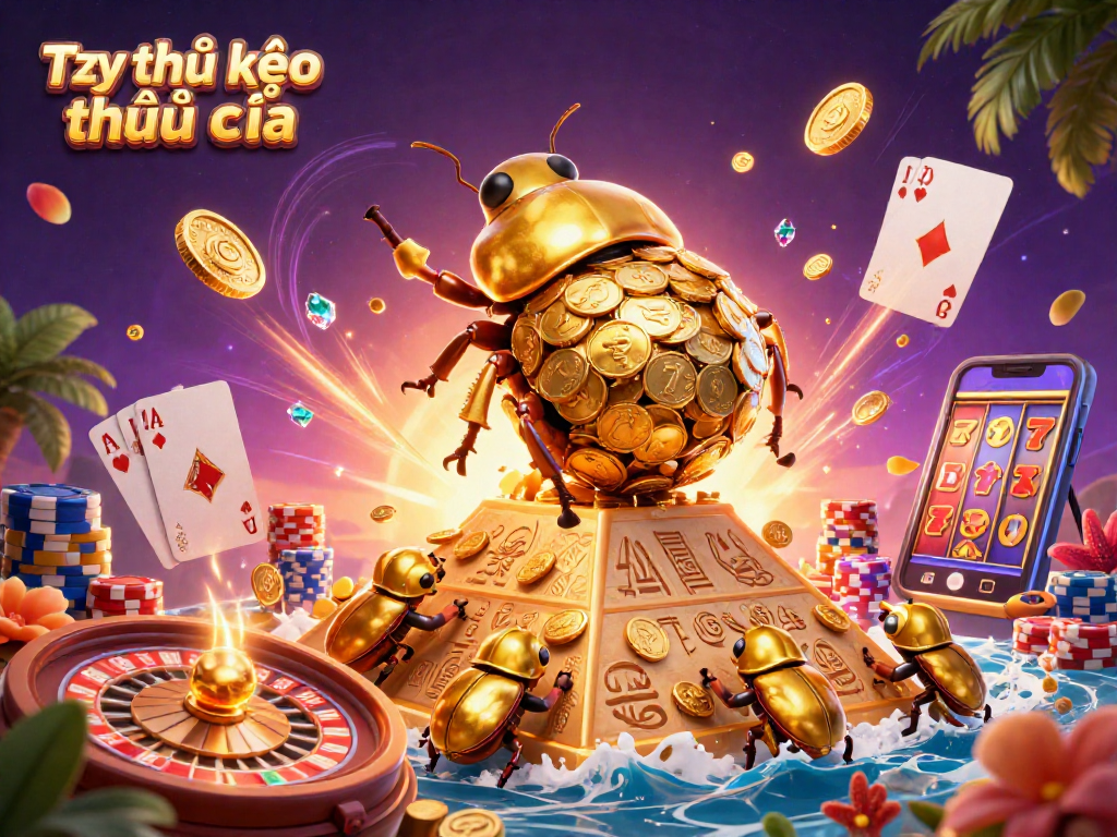 Tỷ lệ kèo nhà cái displays a dynamic casino scene with cartoon gold dung beetles and sparkling elements.