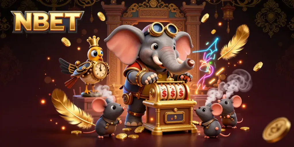 Experience NBET with vibrant golden slot machines and a lively steampunk theme in this engaging casino scene.