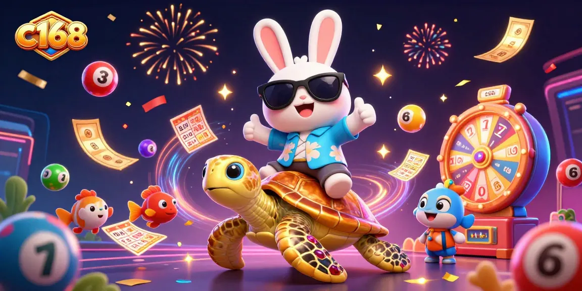 Join the fun with c168 as the lucky rabbit rides a golden turtle amidst vibrant gambling elements.