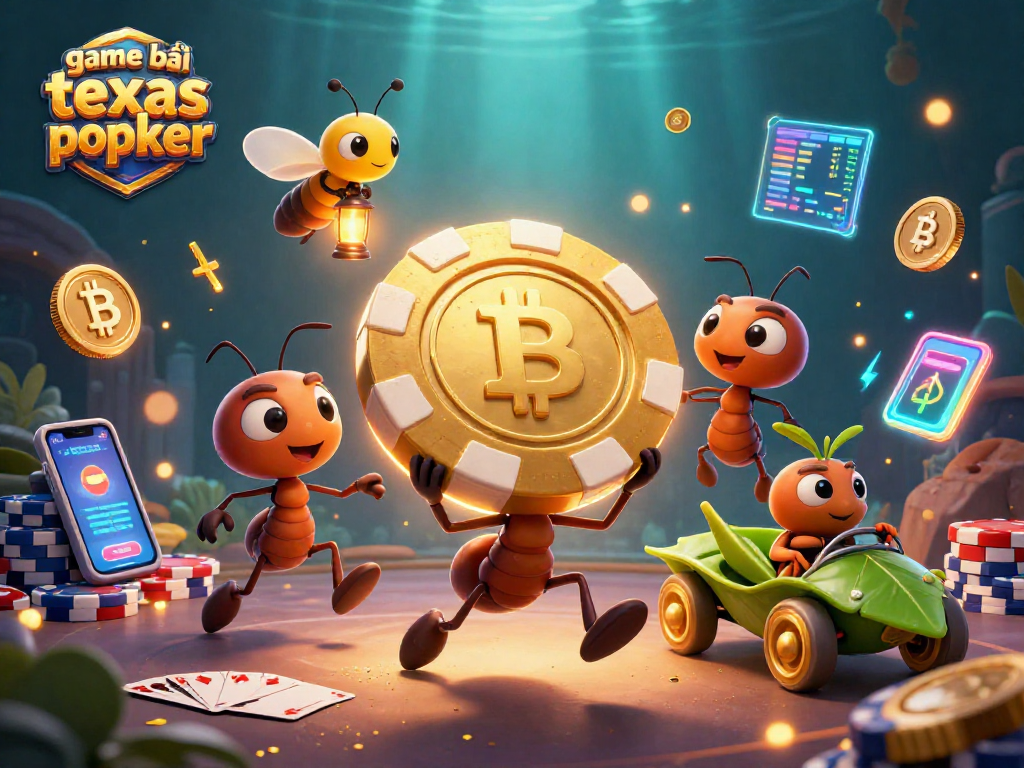 Engage in game bài texas poker with cartoon ants heisting a giant chip, surrounded by digital crypto elements.
