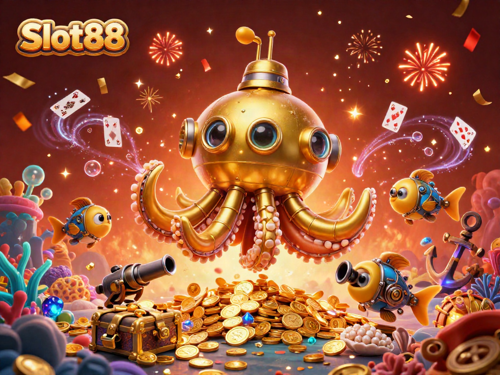 Experience excitement with Slot88 featuring a dynamic kraken submarine amidst floating cards and treasures.
