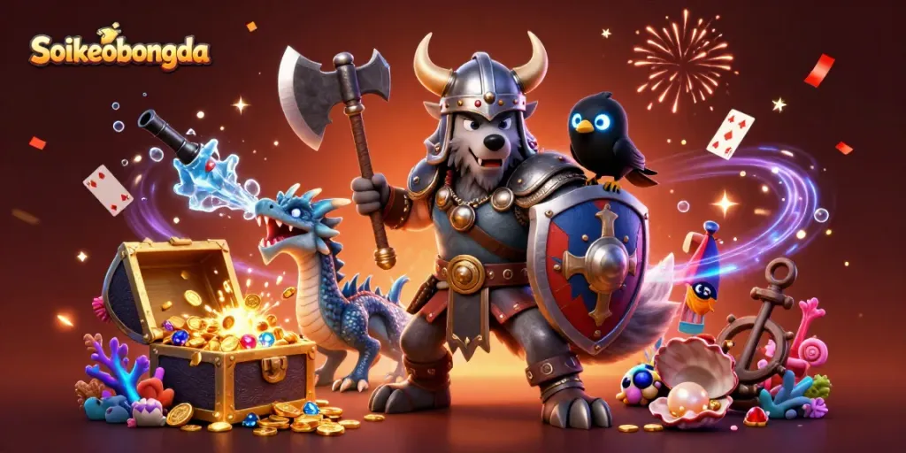 Engage with Soikeobongda as a Viking warrior faces challenges in a vibrant, treasure-filled casino realm.