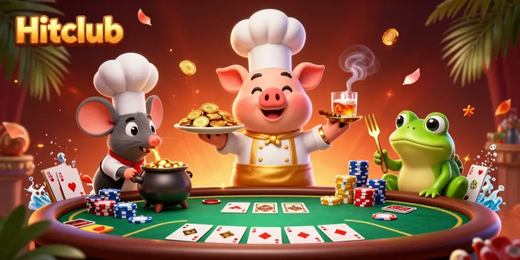 Hitclub showcases a vibrant casino scene with a lively cartoon chef pig, sous-chef mouse, and critic frog amidst poker elements.
