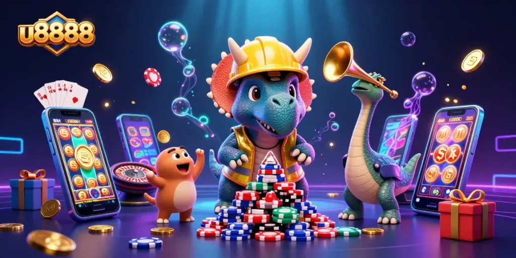 Experience the excitement of u8888 with a vibrant casino-themed scene featuring a triceratops and dynamic gaming elements.