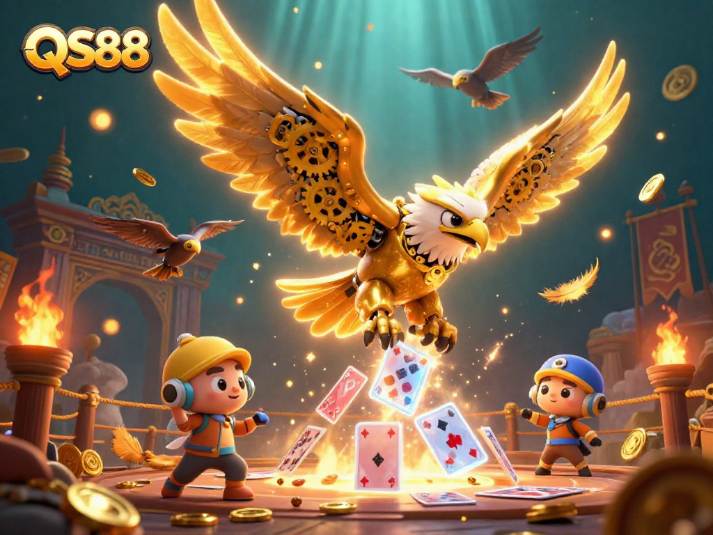 Experience thrilling gameplay at QS88 with a dynamic scene of a cybernetic eagle amidst gaming elements.