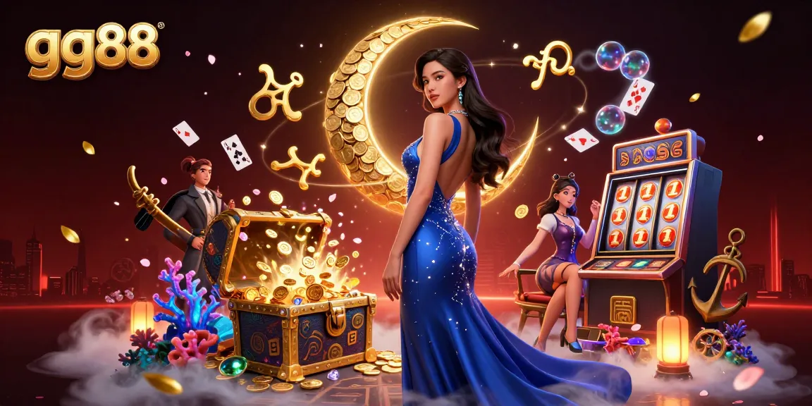 Experience the excitement of gg88 with a captivating casino scene featuring slot machines and gold coins.