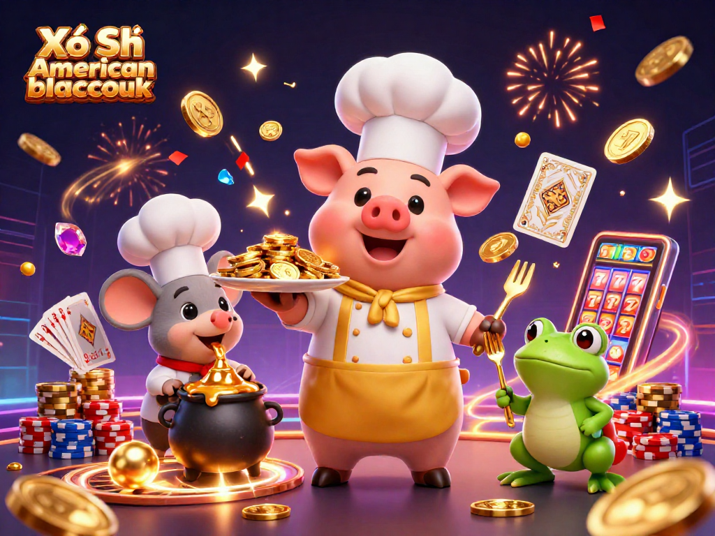Experience Xổ Số american blackjack with vibrant characters and casino elements celebrating big wins.