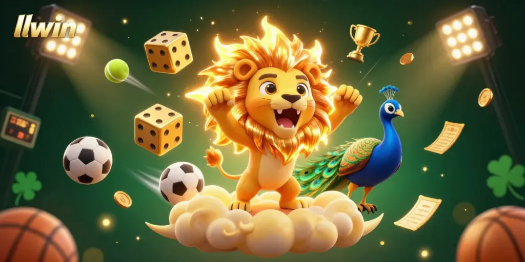 llwin's dynamic gaming scene features a roaring lion, golden dice, and vibrant sports elements.