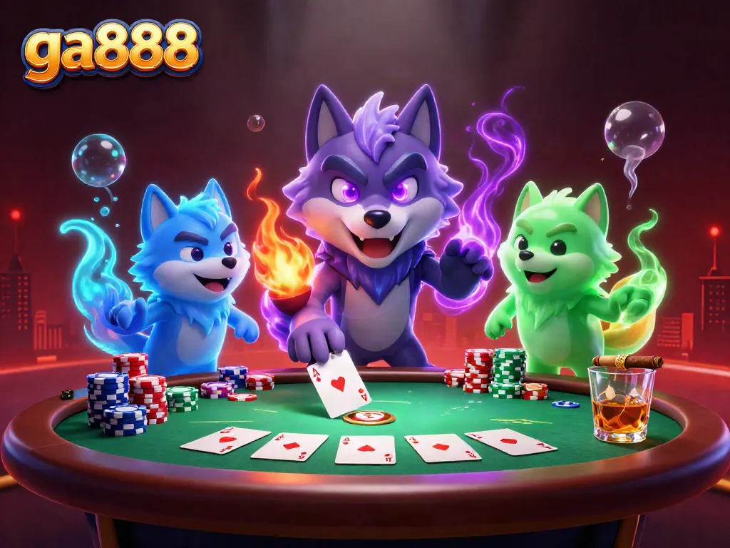 Experience high-stakes ga888 poker with ghostly wolves in a thrilling 3D casino scene.