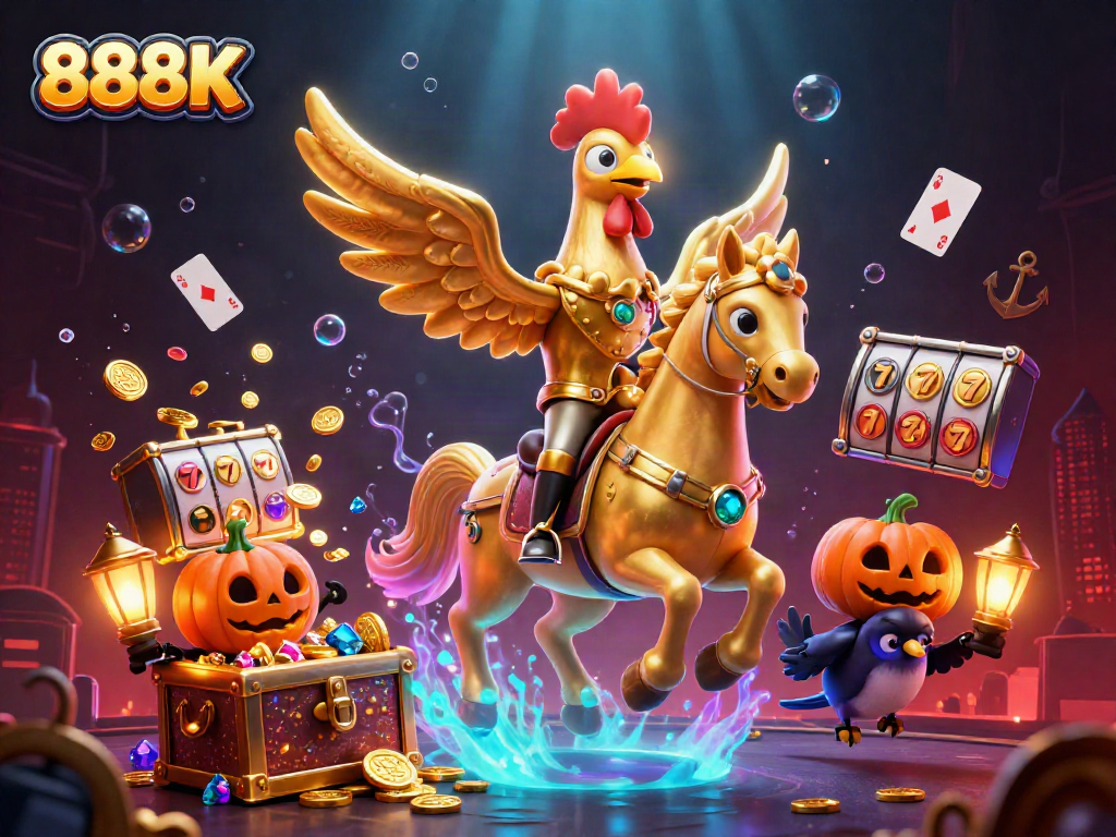 Play and win with 888K at a vibrant casino featuring gold coins and dynamic card action.