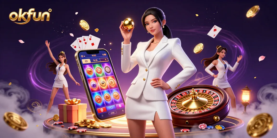 Engage with exciting slot games at okfun, featuring a confident woman amidst dynamic casino elements.