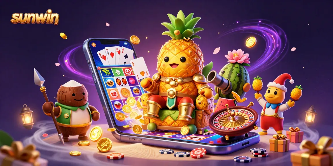 sunwin offers thrilling gameplay with a vibrant illustration of the golden pineapple king ruling at a beach casino.
