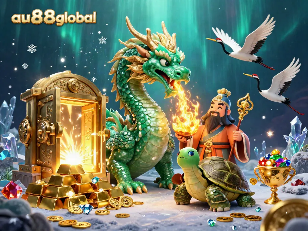 Engage with au88global's online games through a vibrant casino scene featuring a dragon, turtles, and fortune elements.